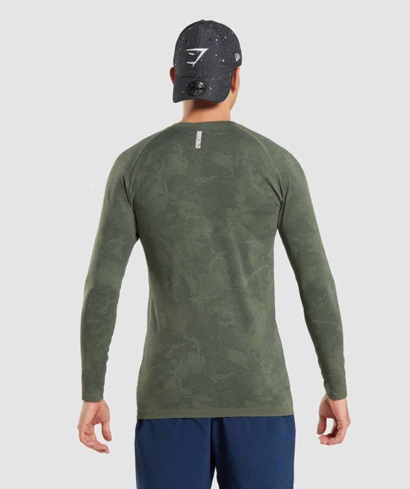 Men's Gymshark Geo Seamless Long Sleeve T-Shirts Olive | NZ 8UXHJZ